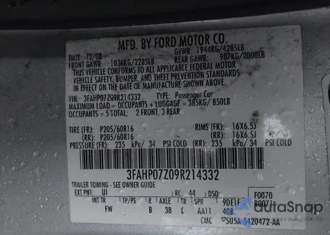 2009 Ford Fusion Se из США, поврежденный, VIN 3FAHP07Z09R214332